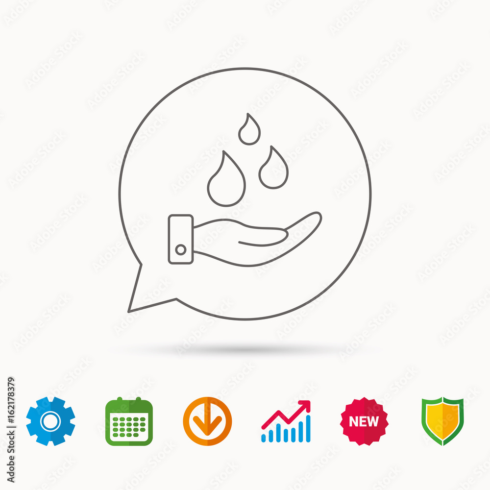 Save water icon. Hand with water drops sign. Ecology environment symbol. Calendar, Graph chart and Cogwheel signs. Download and Shield web icons. Vector Save water icon. Hand with water drops sign. Ecology environment symbol. Calendar, Graph chart and Cogwheel signs. Download and Shield web icons. Vector