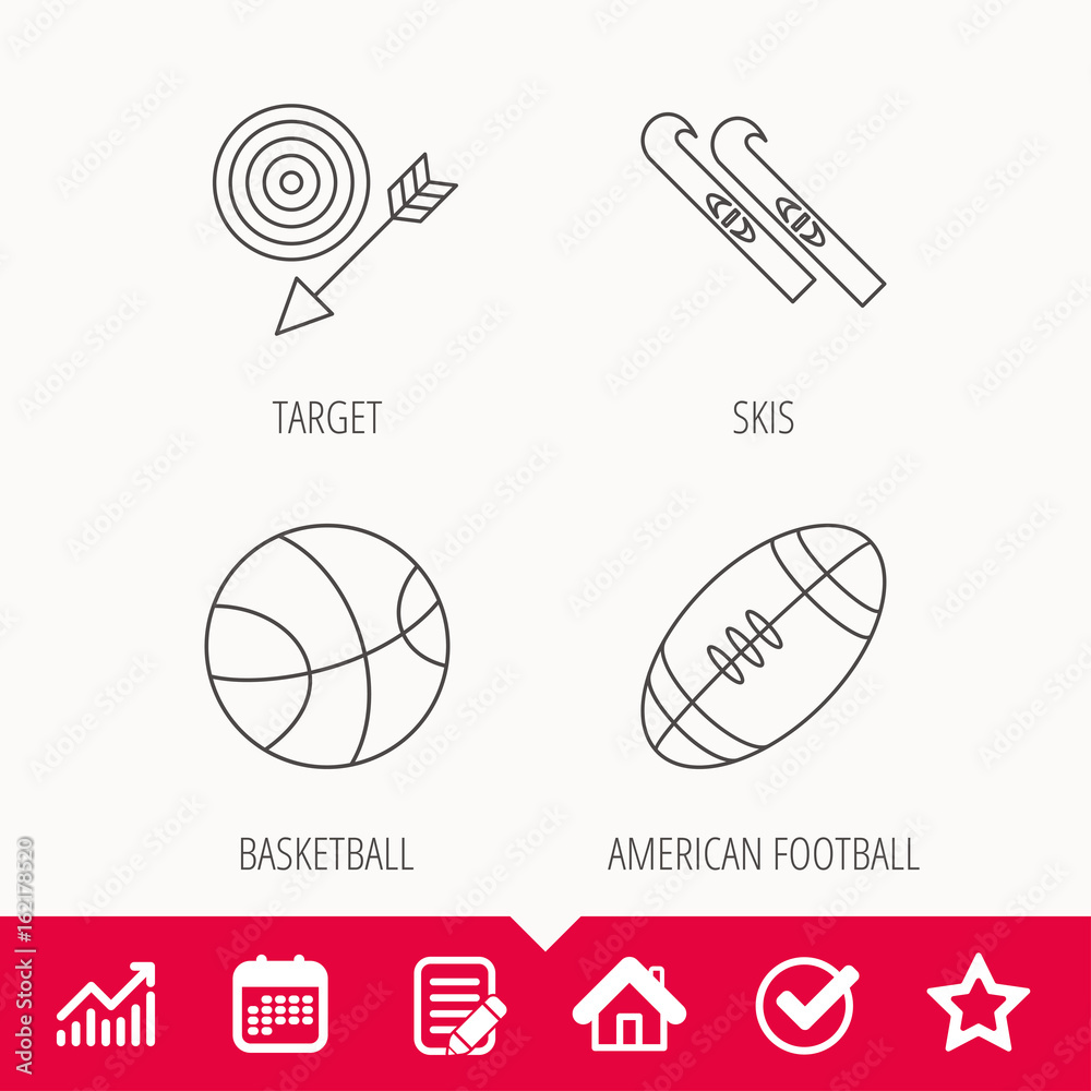 Sport fitness, skis and basketball icons. American footbal linear sign. Edit document, Calendar and Graph chart signs. Star, Check and House web icons. Vector