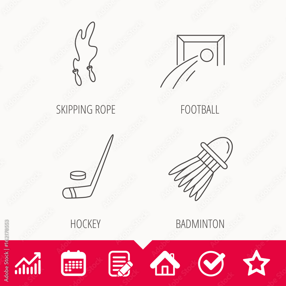 Skipping rope, football and ice hockey icons. Badminton linear sign. Edit document, Calendar and Graph chart signs. Star, Check and House web icons. Vector Skipping rope, football and ice hockey icons. Badminton linear sign. Edit document, Calendar and Graph chart signs. Star, Check and House web icons. Vector