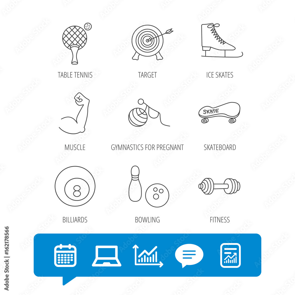 Target, table tennis and fitness sport icons. Skateboard, muscle and bowling linear signs. Ice skates, billiards and gymnastics icons. Report file, Graph chart and Chat speech bubble signs. Vector