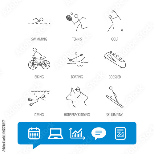 Swimming, tennis and golf icons. Biking, diving and horseback riding linear signs. Ski jumping, boating and bobsleigh icons. Report file, Graph chart and Chat speech bubble signs. Vector