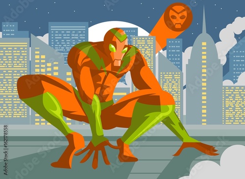 agile superhero crawling in city roof
