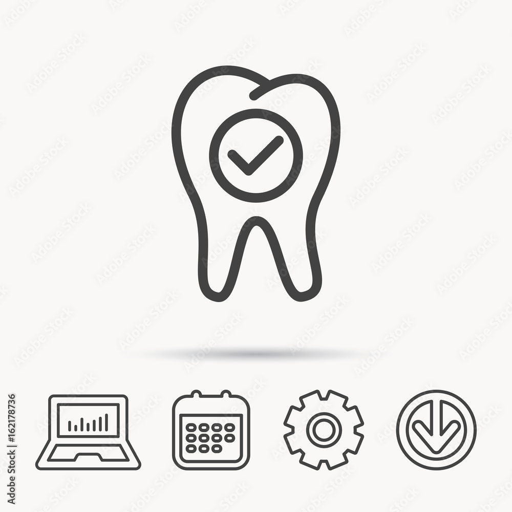 Check tooth icon. Stomatology sign. Dental care symbol. Notebook, Calendar and Cogwheel signs. Download arrow web icon. Vector Check tooth icon. Stomatology sign. Dental care symbol. Notebook, Calendar and Cogwheel signs. Download arrow web icon. Vector