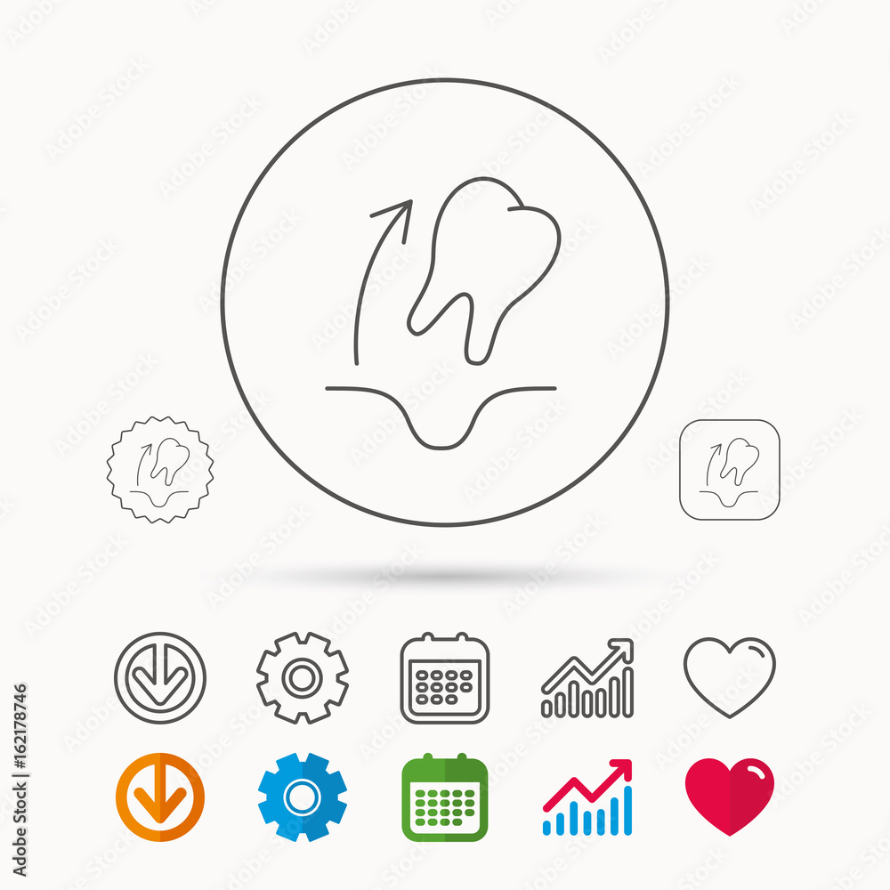 Obraz premium Tooth extraction icon. Dental paradontosis sign. Calendar, Graph chart and Cogwheel signs. Download and Heart love linear web icons. Vector