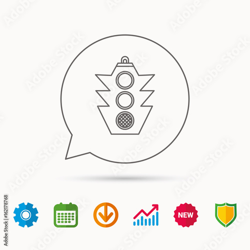 Traffic light icon. Safety direction regulate sign. Calendar, Graph chart and Cogwheel signs. Download and Shield web icons. Vector