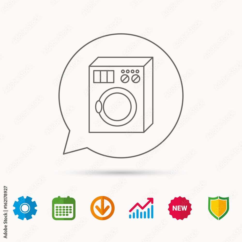 Washing machine icon. Washer sign. Calendar, Graph chart and Cogwheel signs. Download and Shield web icons. Vector Washing machine icon. Washer sign. Calendar, Graph chart and Cogwheel signs. Download and Shield web icons. Vector