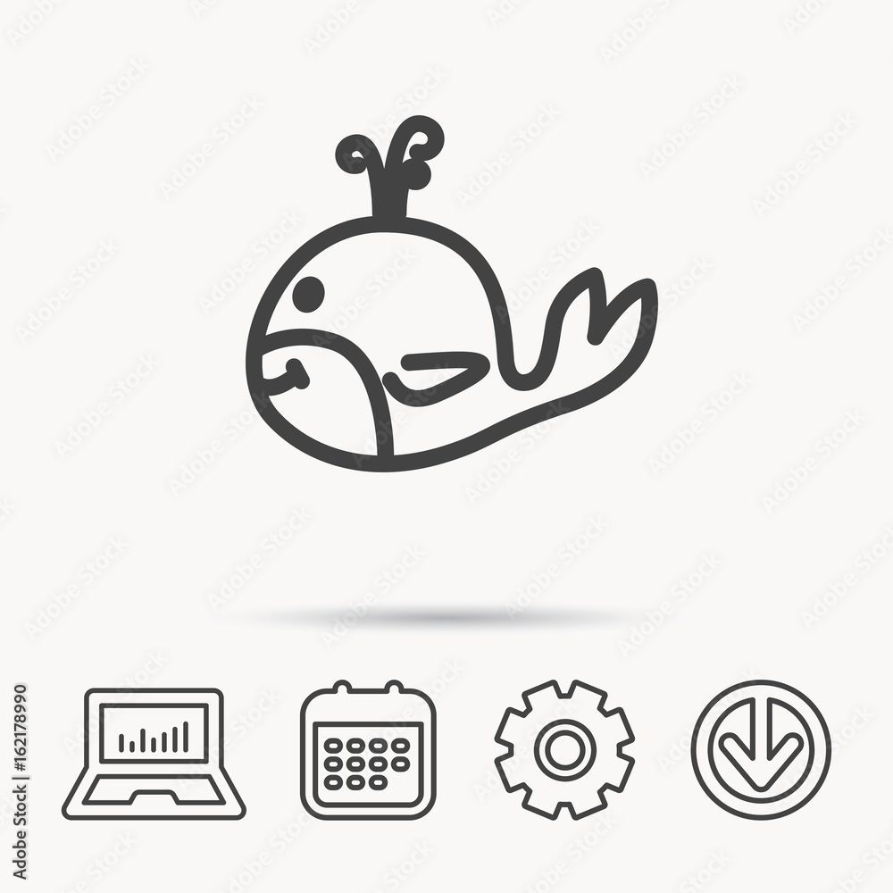 Whale icon. Largest mammal animal sign. Baleen whale with fountain symbol. Notebook, Calendar and Cogwheel signs. Download arrow web icon. Vector Whale icon. Largest mammal animal sign. Baleen whale with fountain symbol. Notebook, Calendar and Cogwheel signs. Download arrow web icon. Vector