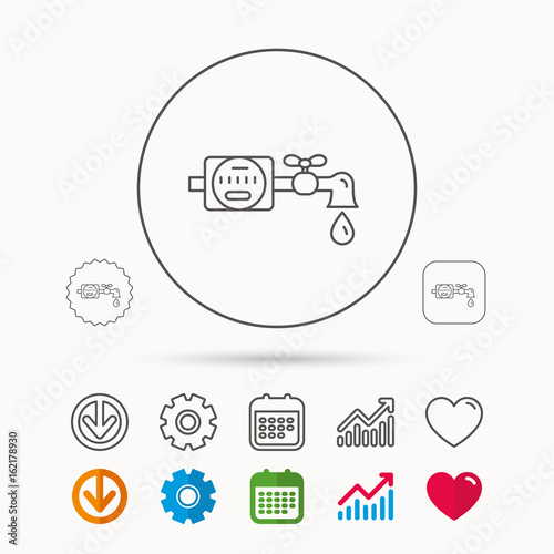Water counter icon. Pipe with water drop sign. Calendar, Graph chart and Cogwheel signs. Download and Heart love linear web icons. Vector