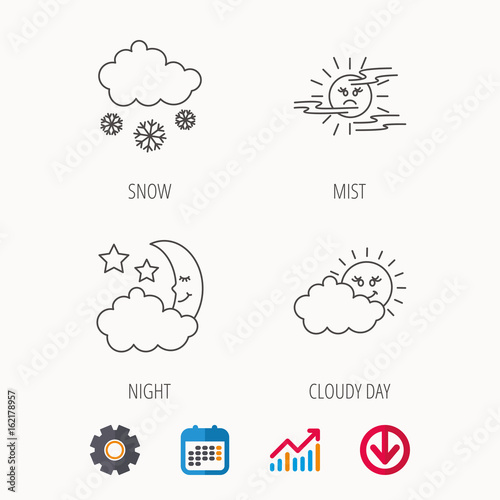 Weather  mist and snow icons. Moon night  clouds linear signs. Calendar  Graph chart and Cogwheel signs. Download colored web icon. Vector