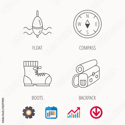 Compass, fishing float and hiking boots icons. Backpack linear sign. Calendar, Graph chart and Cogwheel signs. Download colored web icon. Vector