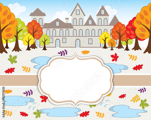 Vector Card Template with Autumn Landscape.  House  Trees and Leaves on Background. 