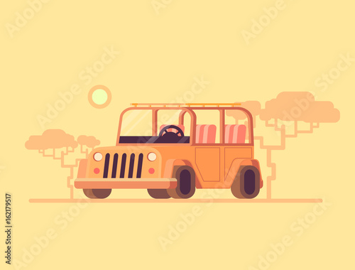 Safari jeep. Vector flat illustration off road car. Safari tourism in a car.