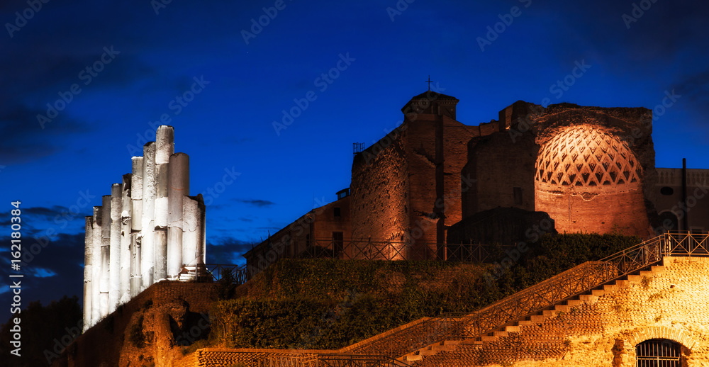 Roman Forum ruins at night. Rome, Italy.