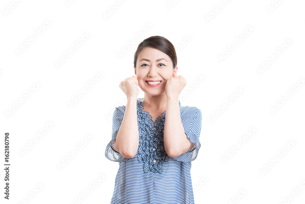 日本人女性 白背景 ガッツポーズ 日本人女性 白背景 ガッツポーズ