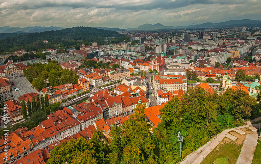 Aerial view over castle and Ljubljana in Slovenia