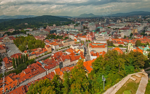Aerial view over castle and...