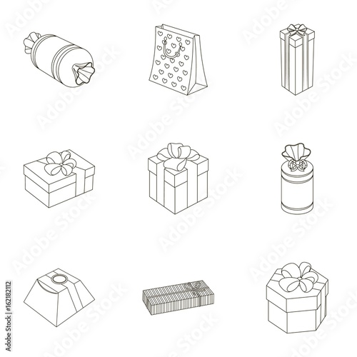 A set of pictures gifts. Gifts for different holidays, surprises. Gift packaging.Gifts and cert icon in set collection on outline style vector symbol stock illustration.