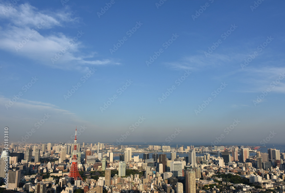 青空と雲・日本の東京都市風景（江東区や港区方面などを望む）
