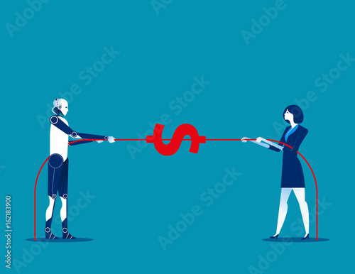 Robot pull the rope with human. Concept business vector illustration.