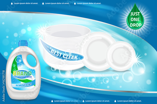 Dishwashing liquid products ad. Vector 3d illustration. Bottle template design. Dish wash brand bottle advertisement poster layout