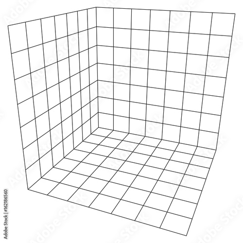 Wireframe Mesh Cube Plane Axis. Three dimensions. Connection Structure. Digital Data Visualization Concept. Vector Illustration.