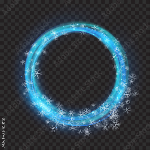 Light blue glowing rings with glitters and snowflakes. Transparency only in vector format