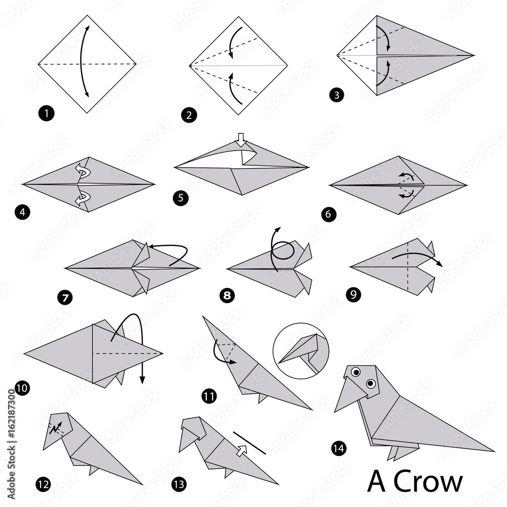 step by step instructions how to make origami A Crow - obrazy, fototapety, plakaty 
