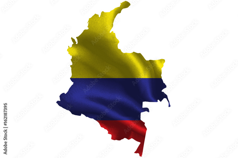 Map of Colombia with national flag on fabric surface