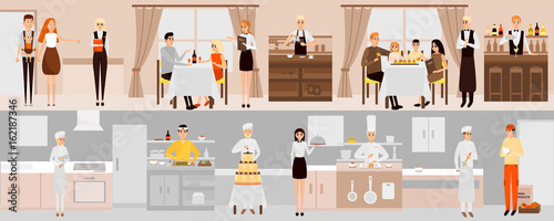 Vector banners with restaurant interior. People having dinner in restaurant. Cartoon characters. Chefs cooking food in kitchen room. Vector illustration in flat design