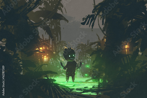 born from a dark nature, the cute creature made from magic swamp in tropical forest, digital art style, illustration painting © grandfailure