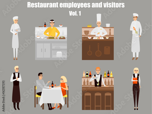 Restaurant workers cartoon characters. People work in restaurant isolated. Japanese cook cooking sushi. Couple on a date in cafe. Vector illustration in flat style design