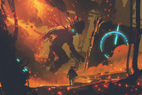 sci-fi concept of man looking at giant robot with burning city on background, digital art style, illustration painting