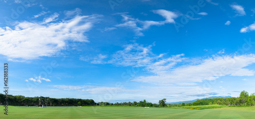 Panorama of sky clouds and grass on meadow in summer