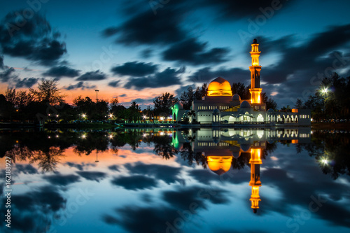 A beautiful Masjid Tengku Tengah Zaharah with its reflection during sunset. It is also known as floating mosque in Terengganu, Malaysia