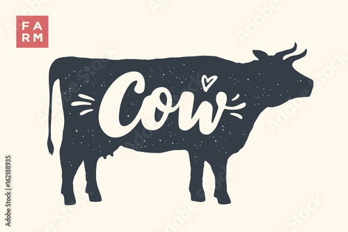 Farm animals set. Isolated cow silhouette and words Cow, Farm. Creative graphic design with lettering Cow for butcher shop, farmer market. Poster for animals theme. Vector Illustration