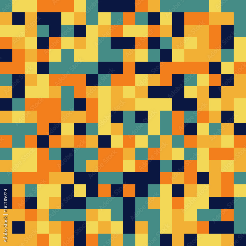 Colorful seamless pattern in retro 8bit style - pixel (squares) in solid colors - yellow, blue, dark blue, orange (brick) Colorful seamless pattern in retro 8bit style - pixel (squares) in solid colors - yellow, blue, dark blue, orange (brick)