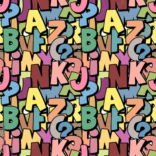 Seamless alphabet pattern made of colorful overlay abc characters, school wallpaper, muted pastel colors