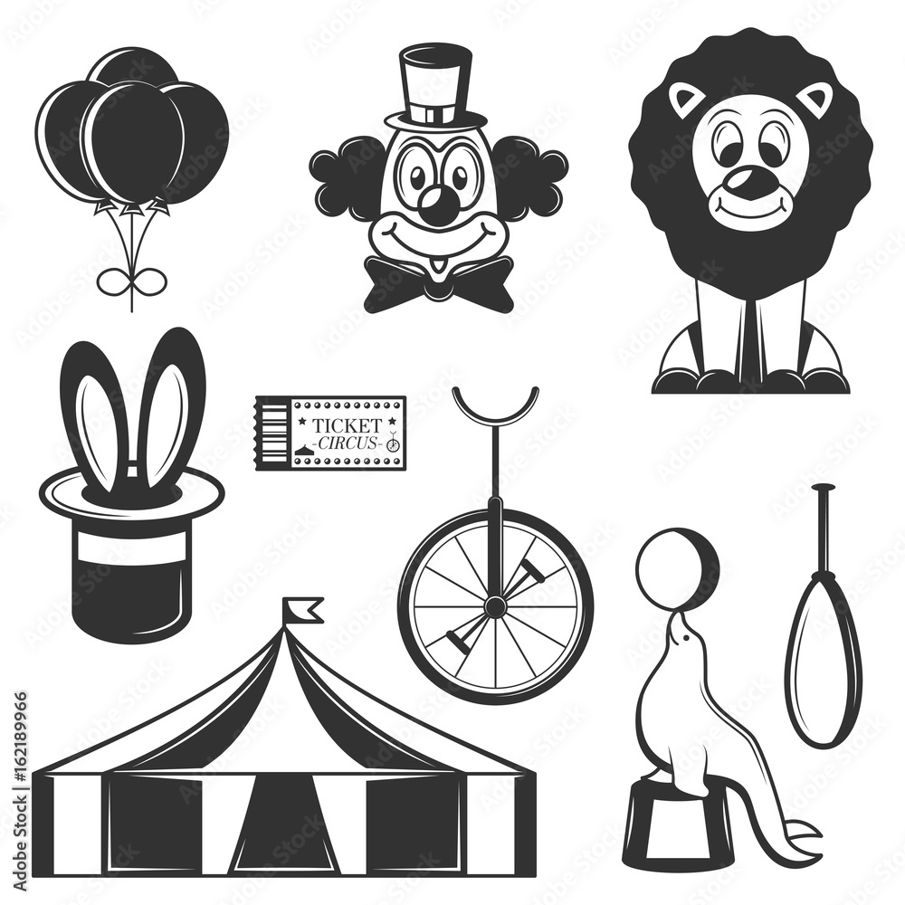 Vector set of circus isolated icons. Black and white circus symbols and