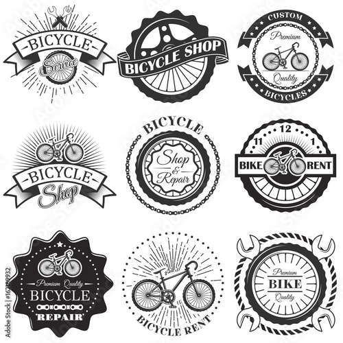 Vector set of bicycle repair shop labels and design elements in vintage black and white style. Bike logo