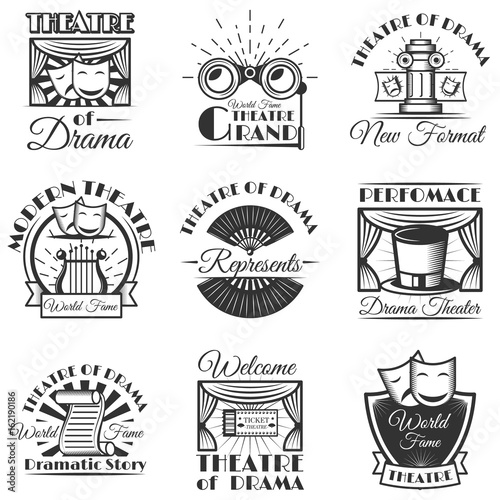 Vector set of classic theater isolated labels, logo and emblems. Black and white theater symbols and design elements.