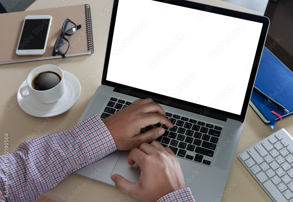 young man working Businessman using a desktop computer of the blank screen young man working Businessman using a desktop computer of the blank screen