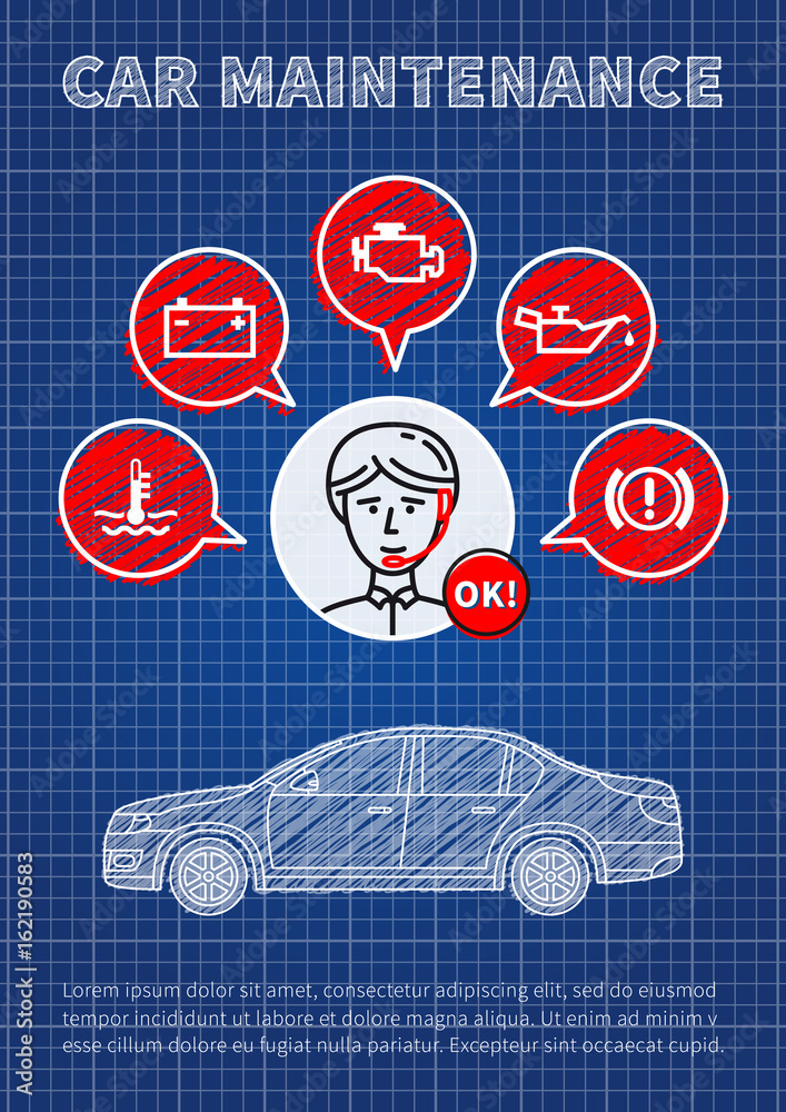 Car maintenance manager blue print vector illustration. Car technical assistant concept with