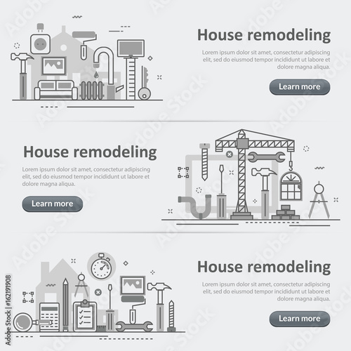 Flat line vector design concept banner templates set of house and home remodel process, repair service, building, renovation, construction for design header, post, website on gray paper background