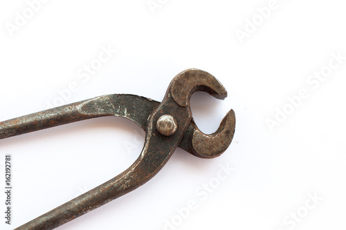 head close up vintage old rusty pliers tool for wood working or industry on the white background, Isolate tool pliers