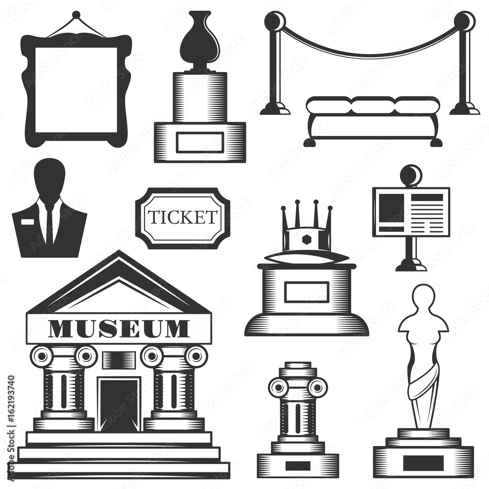 Vector set of museum isolated icons. Black and white museum symbols and design elements. Vector set of museum isolated icons. Black and white museum symbols and design elements.