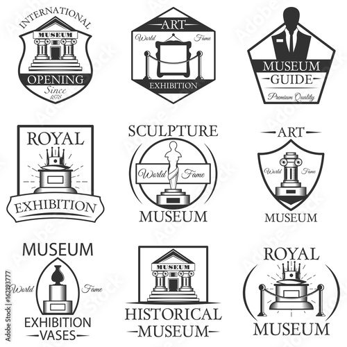Vector set of museum isolated labels, logo and emblems. Black and white museum symbols and design elements.