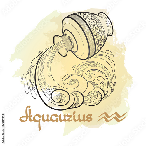 Hand drawn line art of decorative zodiac sign Aquarius .