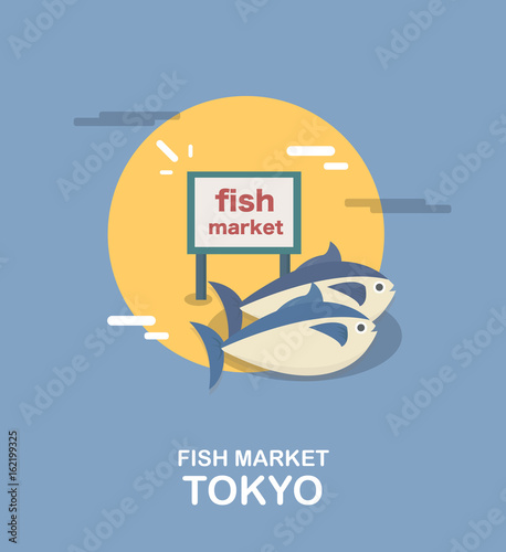 Fish market fresh marketplace in Tokyo illustration design