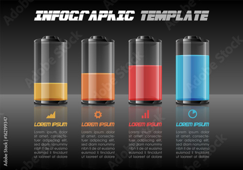 Modern colorful infographics options template vector with colorful battery on black background