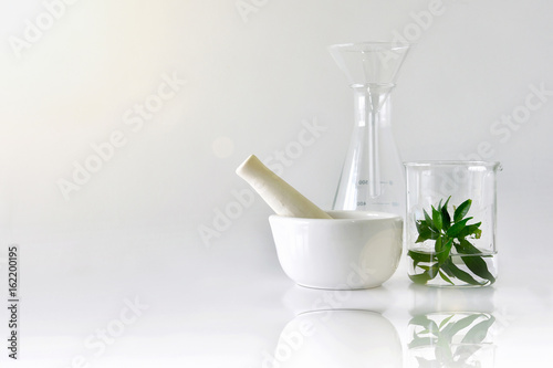 Natural organic botany and scientific glassware, Research and development concept.